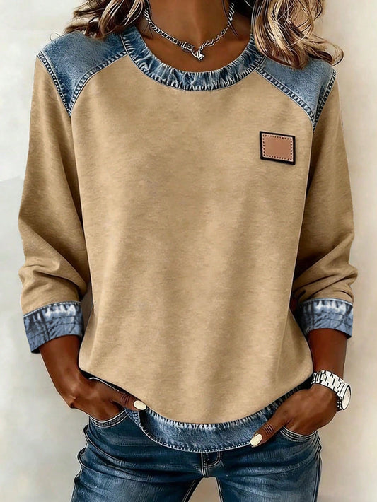 EMERY ROSE Women's Round Neck Color Block Casual Everyday Wear Long Sleeve T-Shirt