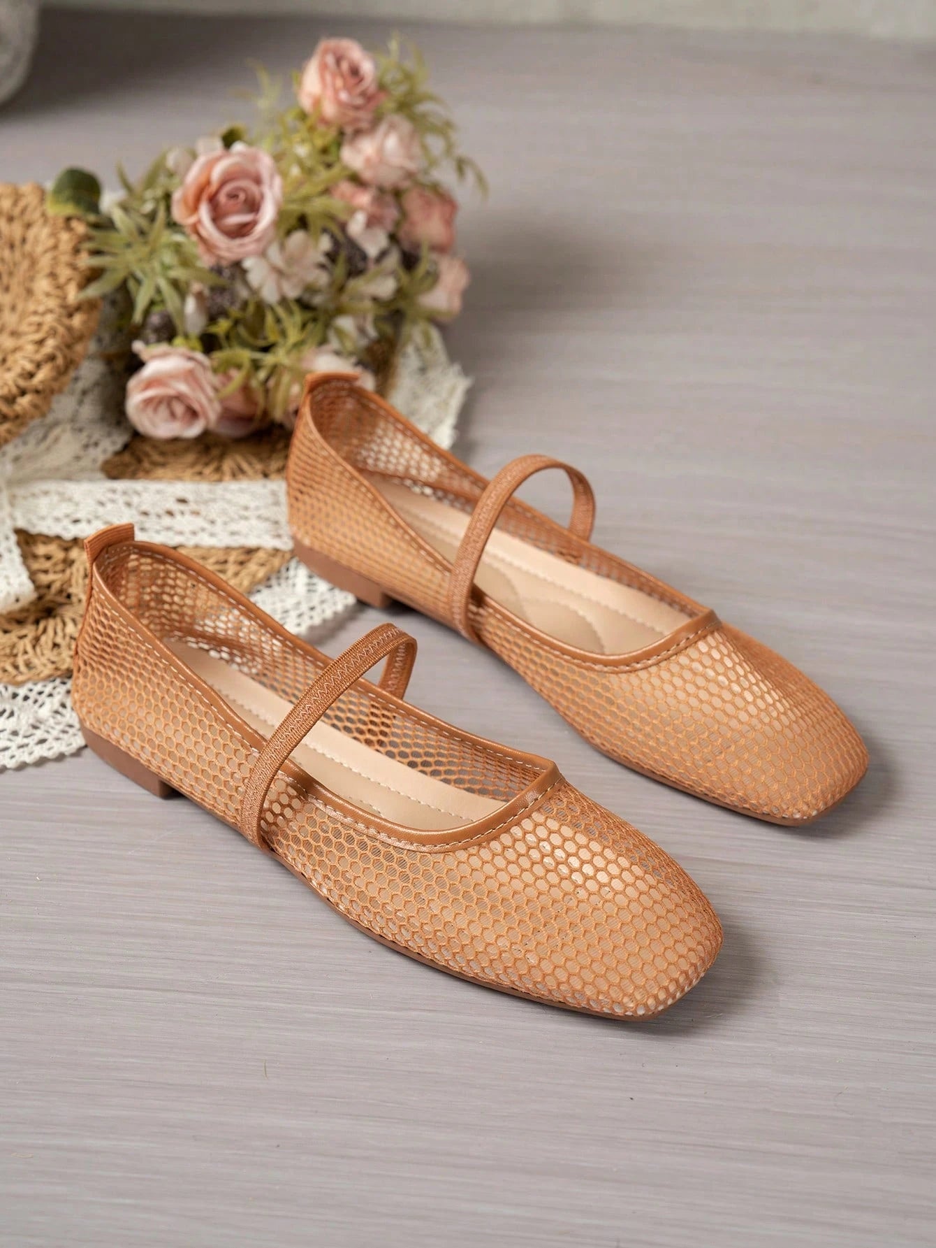 Summer Lace Mesh Hollow Flat Shoes, Women Breathable Elastic Band Ballet Shoes