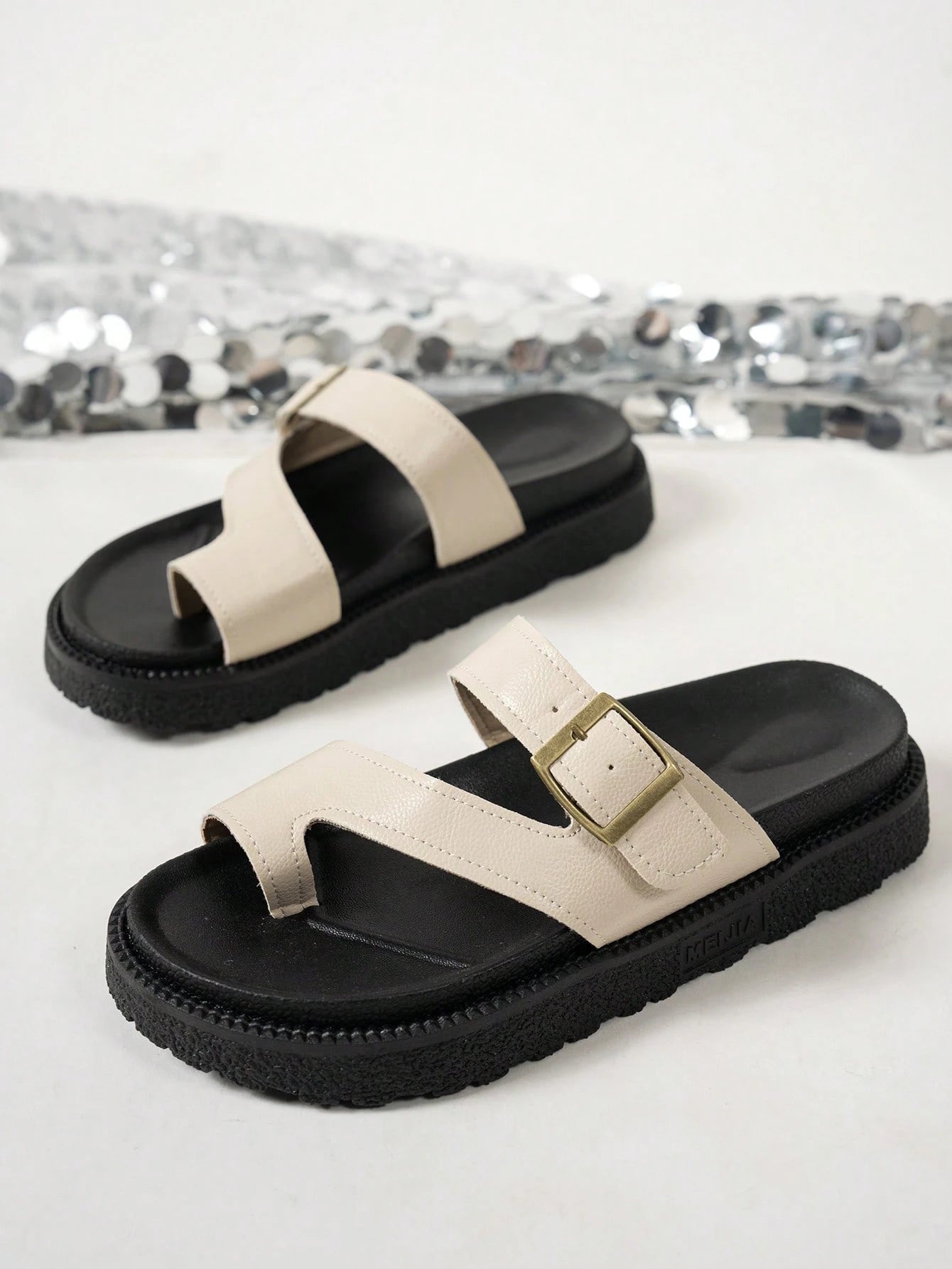 New Fashion Metal Buckle Decor Slip-On Wedge Heel Sandals