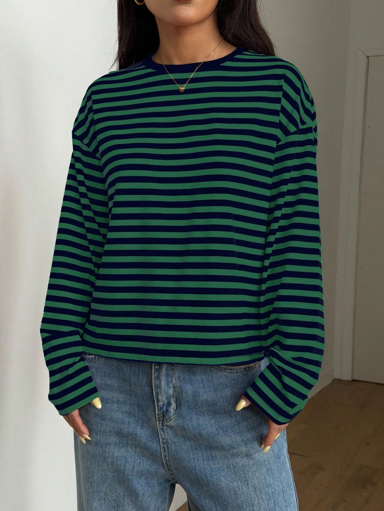 Women's Casual Top, Striped Contrast Ribbed Knit, Everyday Wear, Spring/Autumn