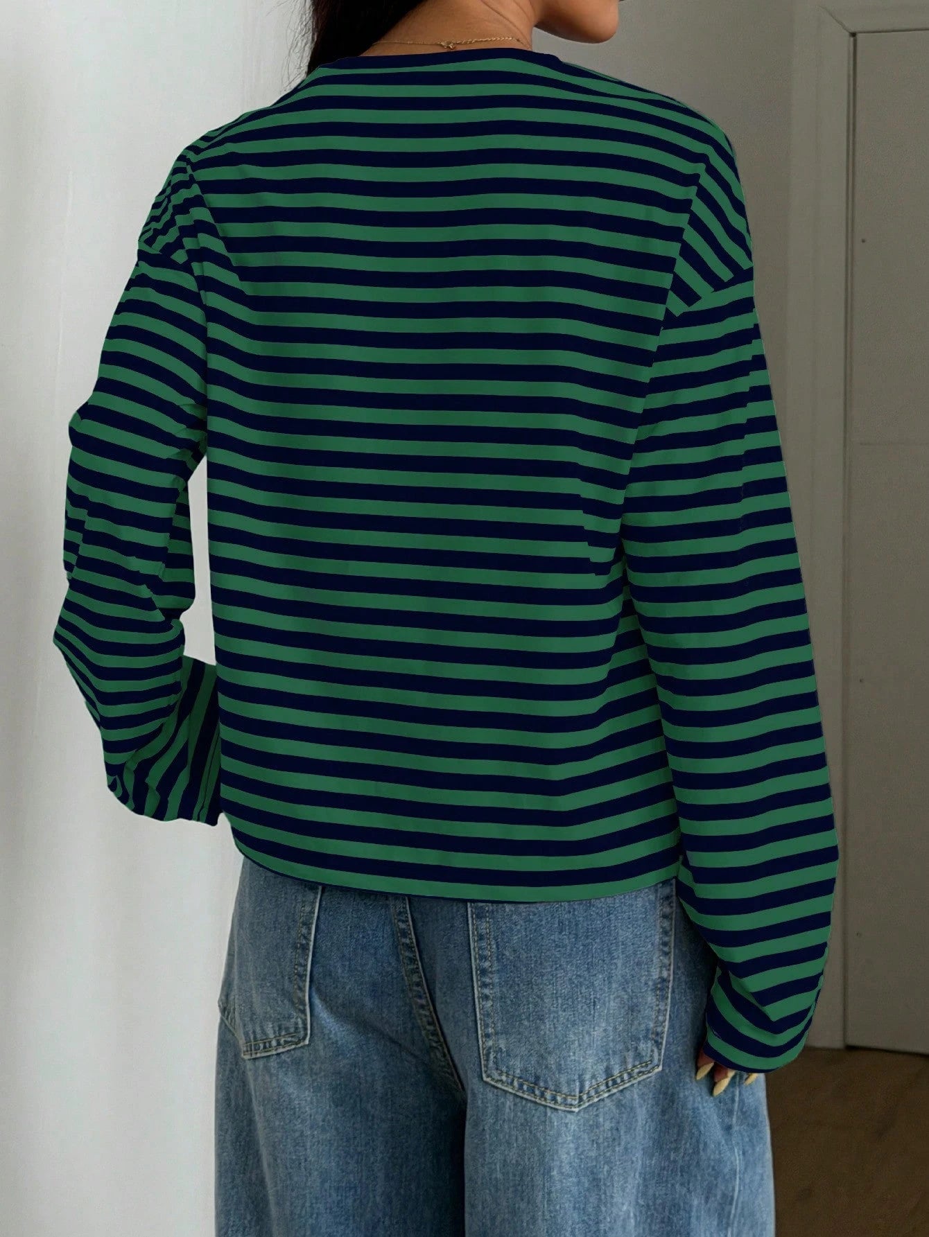 Women's Casual Top, Striped Contrast Ribbed Knit, Everyday Wear, Spring/Autumn