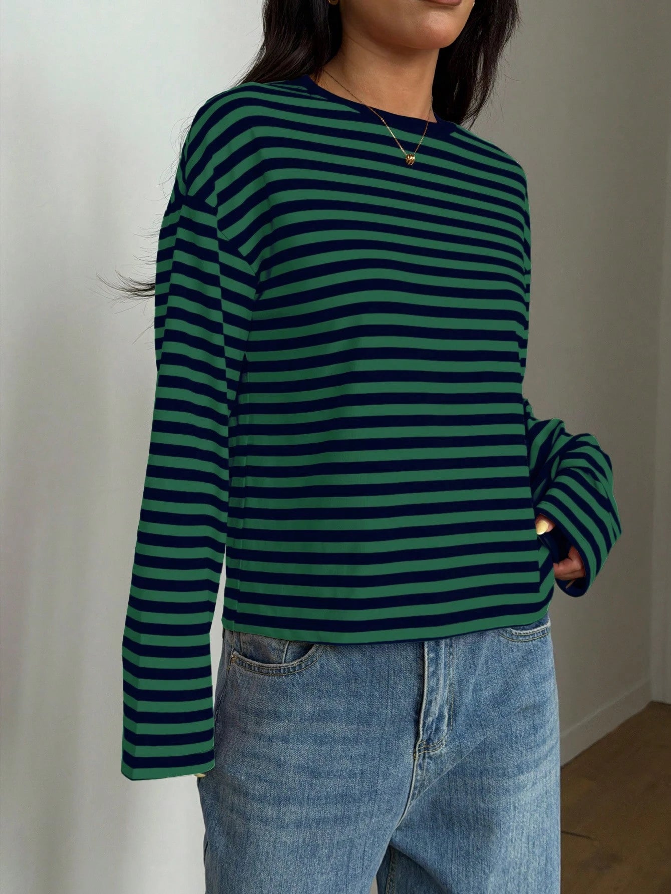 Women's Casual Top, Striped Contrast Ribbed Knit, Everyday Wear, Spring/Autumn