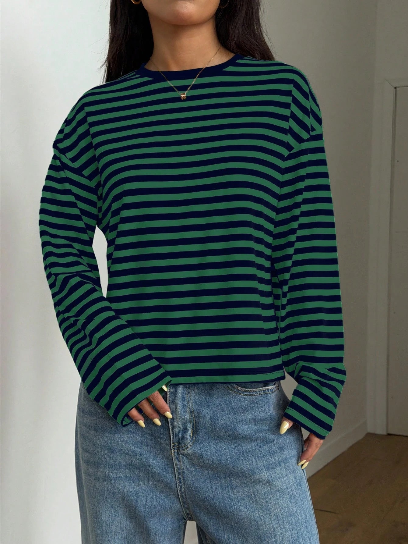 Women's Casual Top, Striped Contrast Ribbed Knit, Everyday Wear, Spring/Autumn