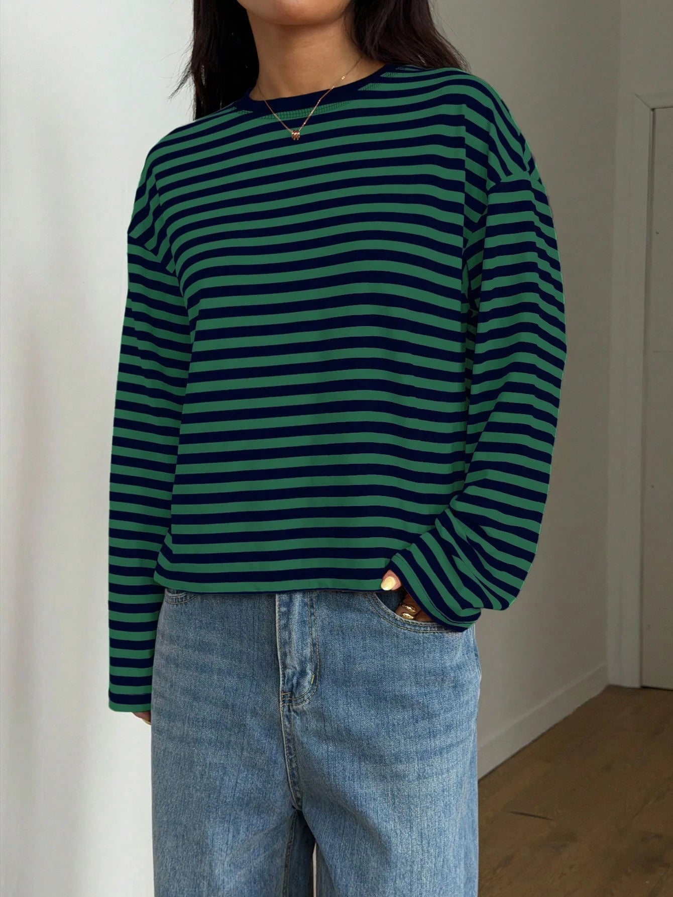 Women's Casual Top, Striped Contrast Ribbed Knit, Everyday Wear, Spring/Autumn