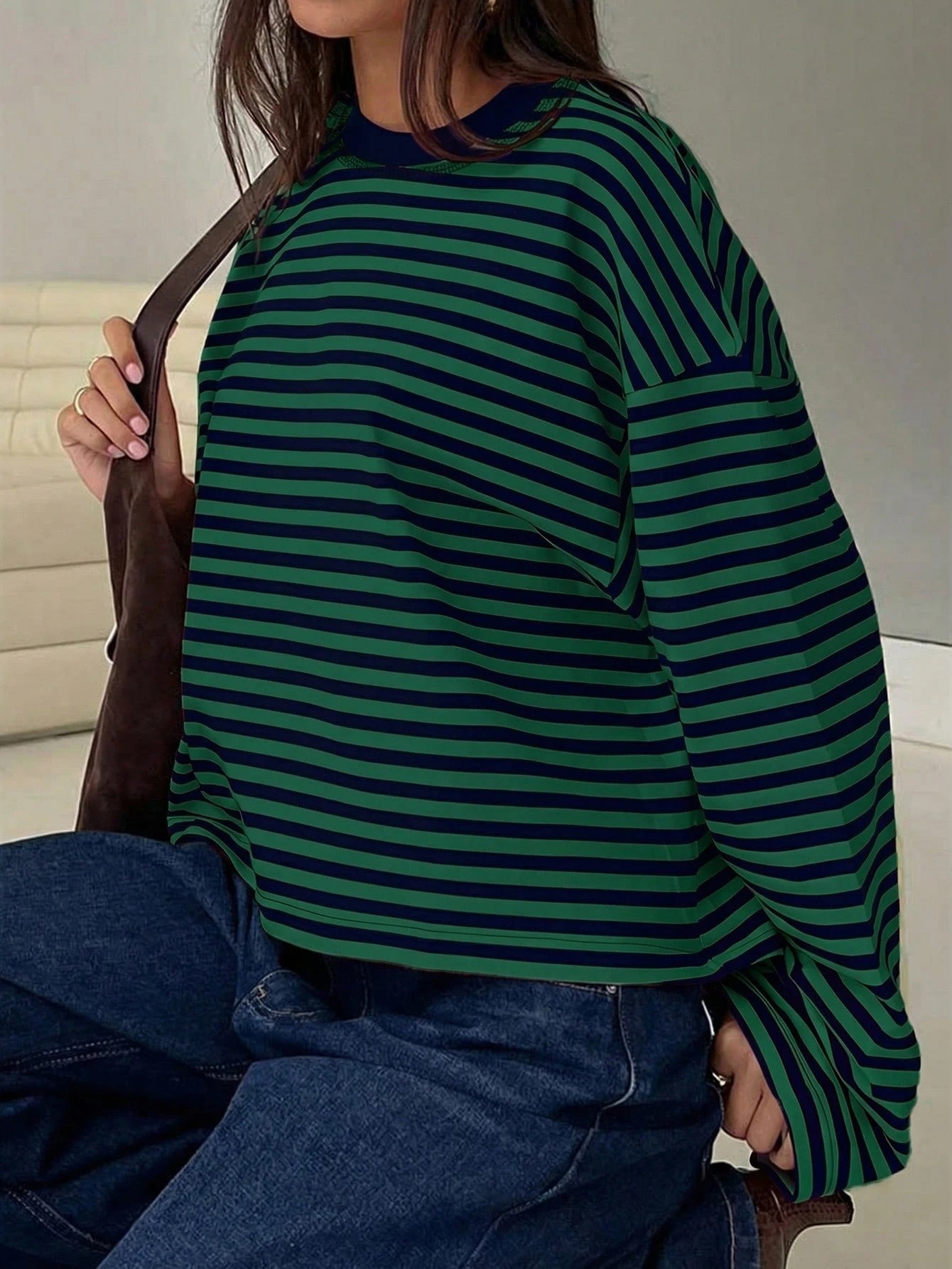 Women's Casual Top, Striped Contrast Ribbed Knit, Everyday Wear, Spring/Autumn