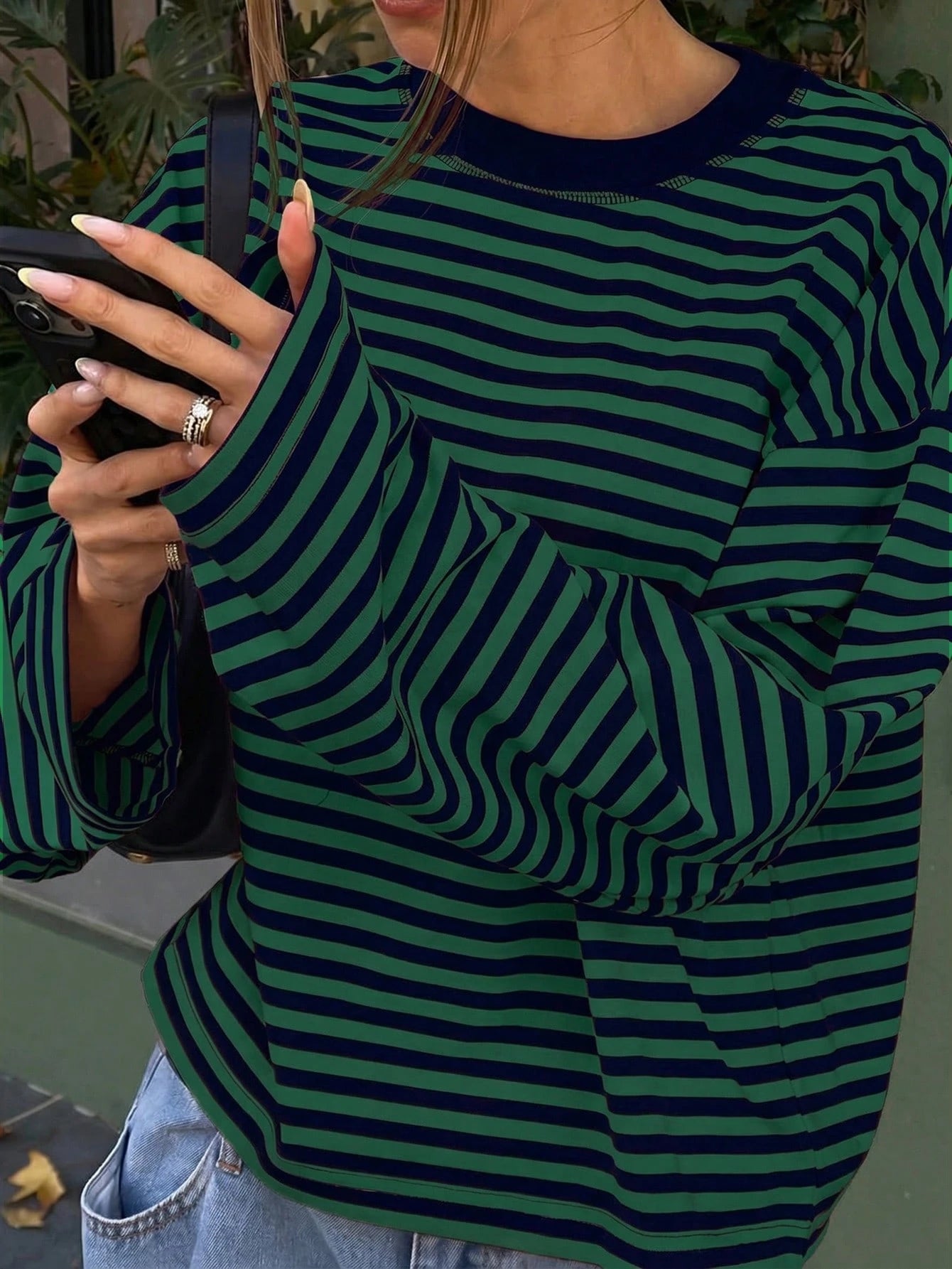 Women's Casual Top, Striped Contrast Ribbed Knit, Everyday Wear, Spring/Autumn