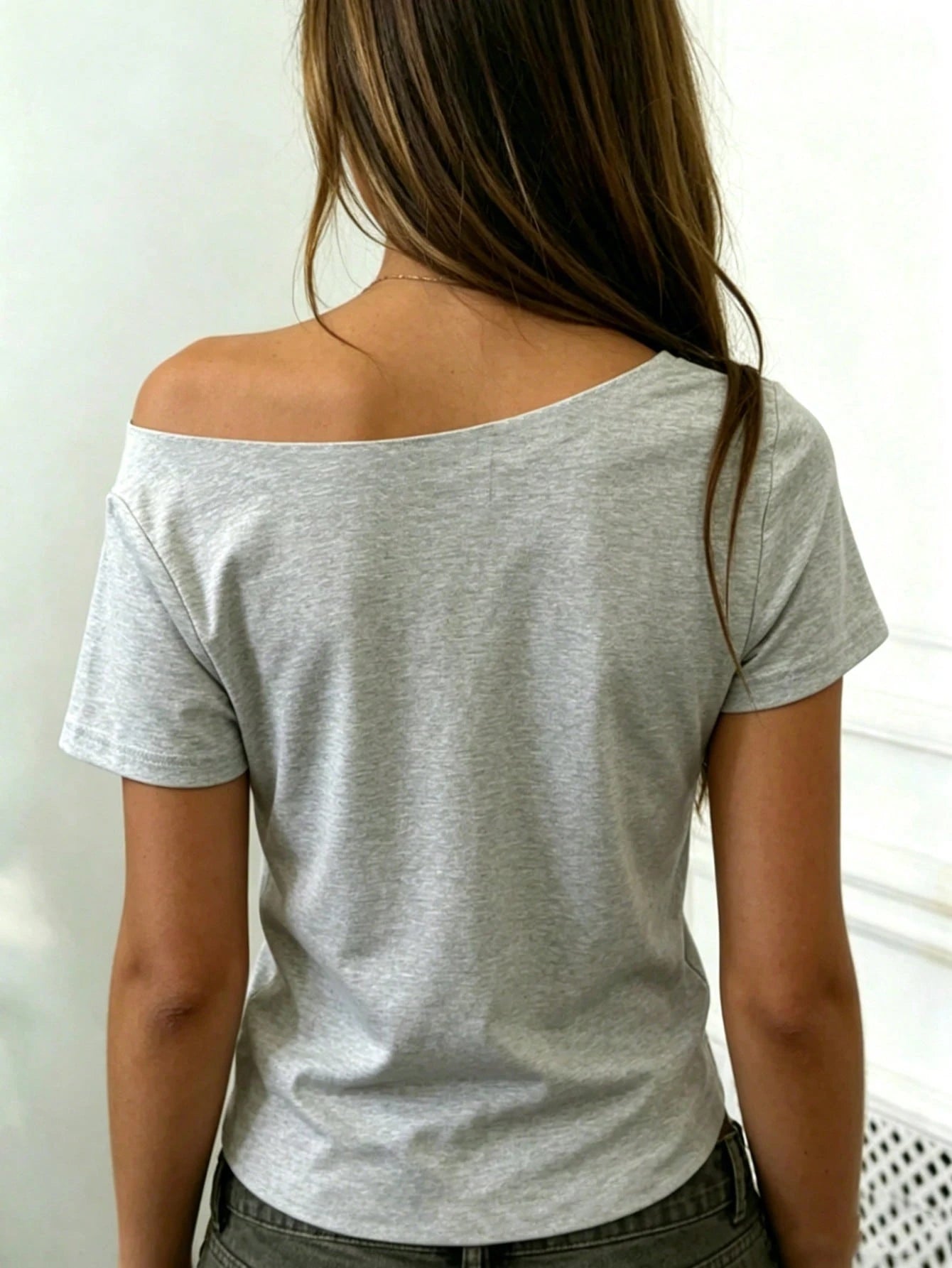 Rovax Fitted Short Solid Color Asymmetric Collar Summer Short Sleeve T-Shirt