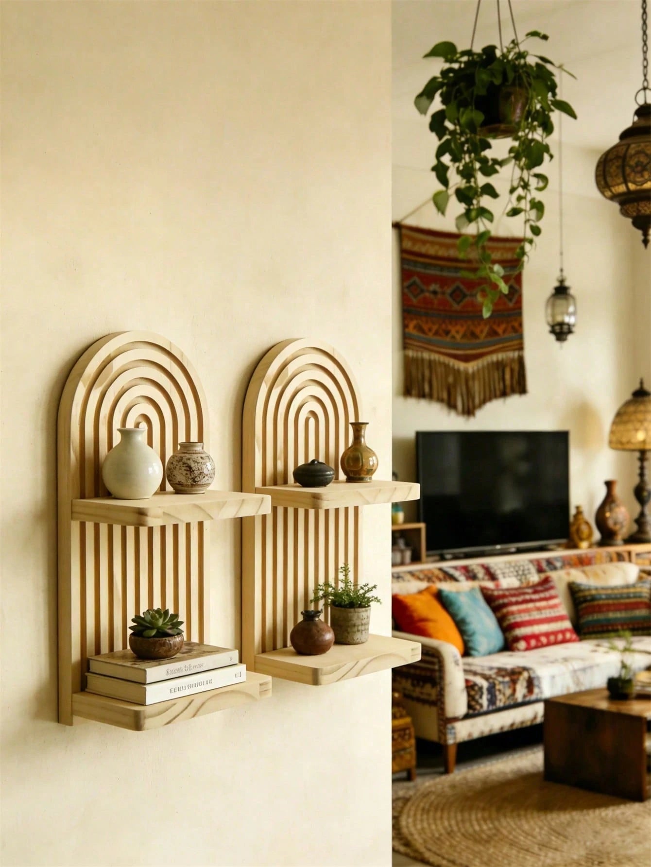 OBOVAY 1Pc Bohemian Style Wave Patterned Wooden Wall Frame,Rainbow Arch & Farmhouse Wall Racks