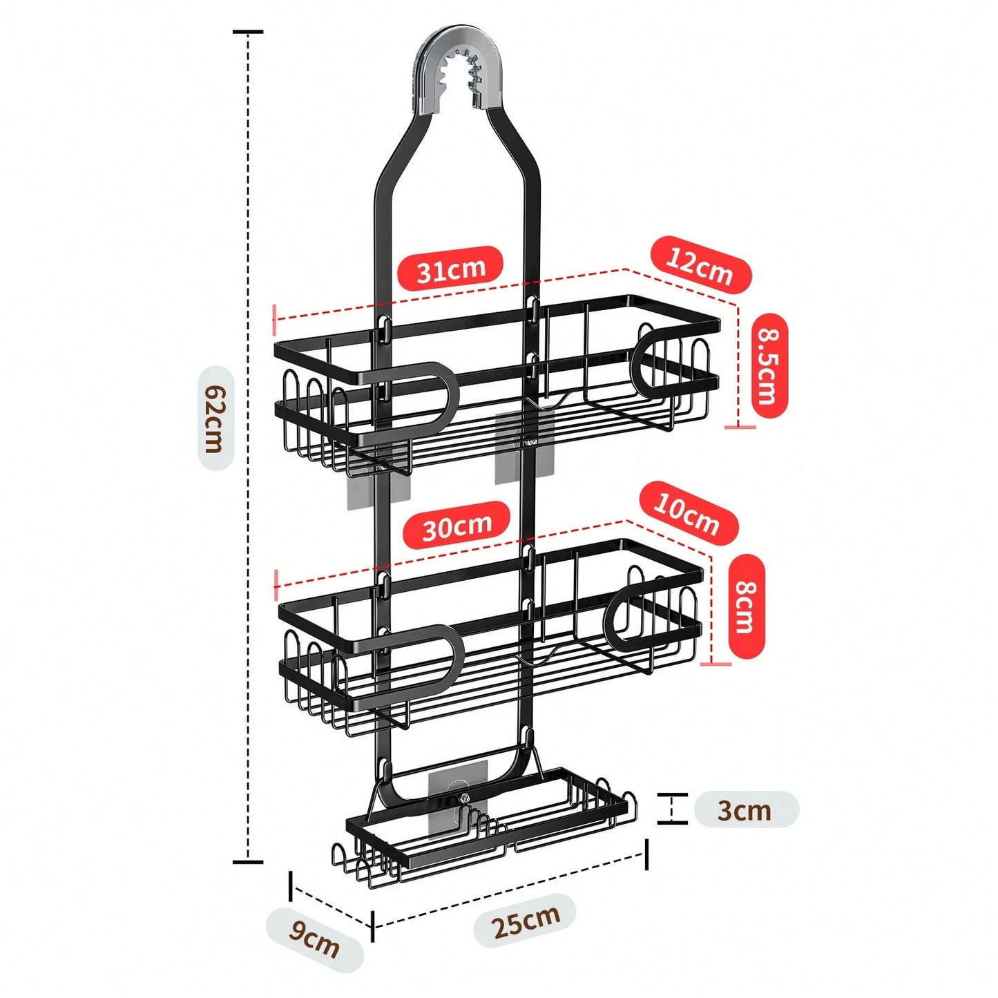 3-Tier Over-The-Door Shower Caddy, Rust-Proof Metal Bathroom Storage Rack With Drainage Basket, Hooks And Razor Holder, Suitable For Glass Shower Doors, Black And Silver