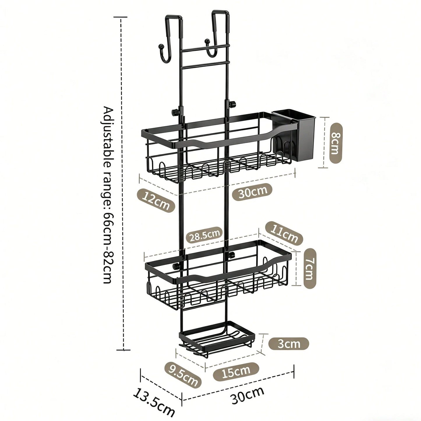 3-Tier Over-The-Door Shower Caddy, Rust-Proof Metal Bathroom Storage Rack With Drainage Basket, Hooks And Razor Holder, Suitable For Glass Shower Doors, Black And Silver