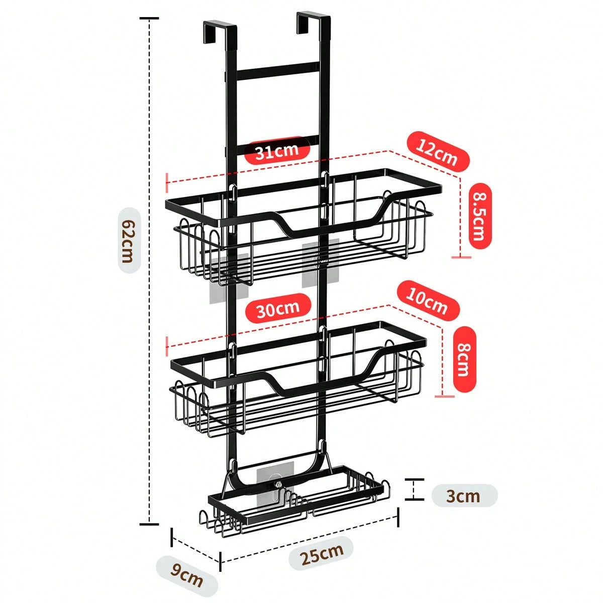 3-Tier Over-The-Door Shower Caddy, Rust-Proof Metal Bathroom Storage Rack With Drainage Basket, Hooks And Razor Holder, Suitable For Glass Shower Doors, Black And Silver