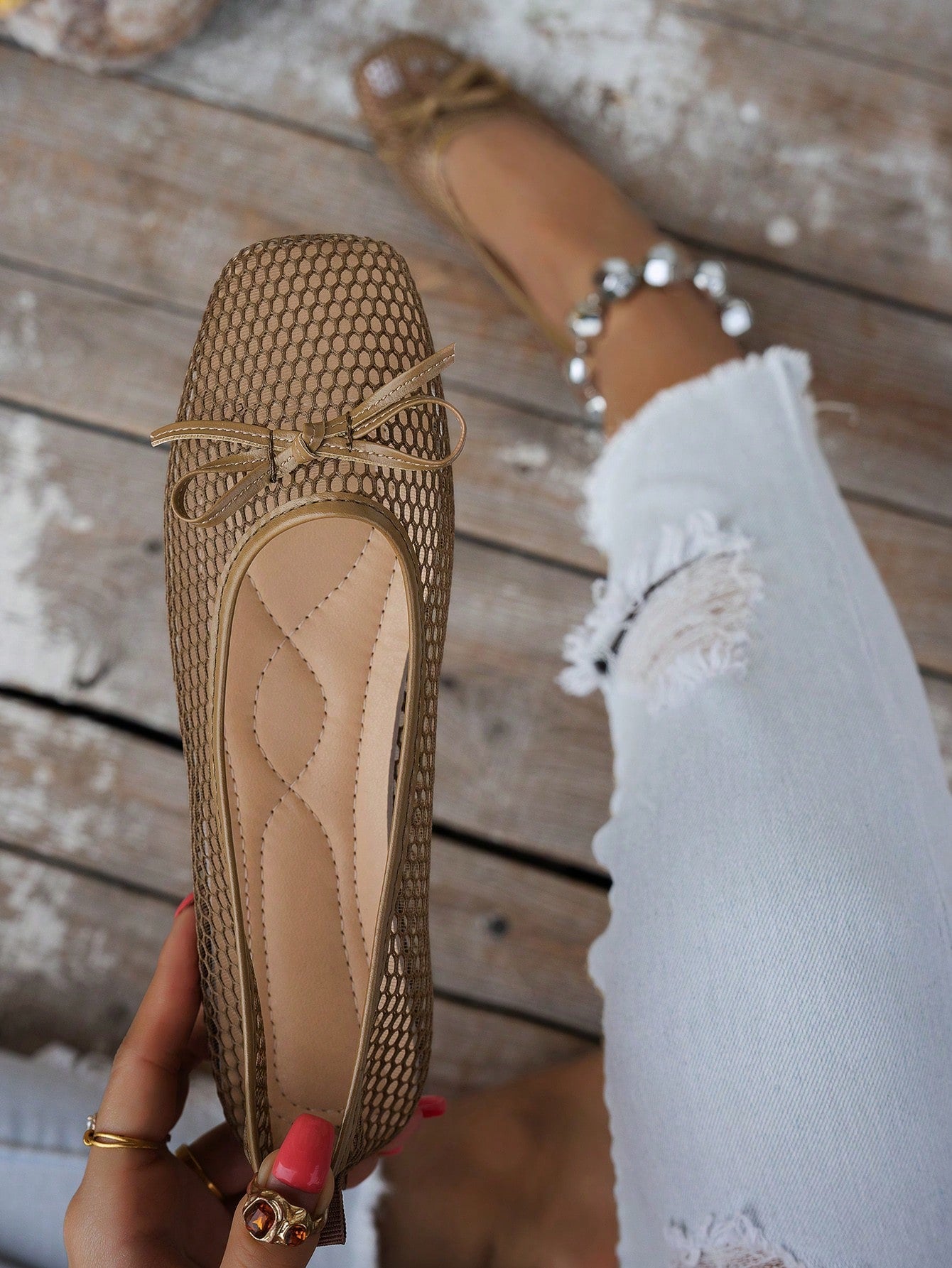 Summer Lace Mesh Hollow Flat Shoes, Women Breathable Elastic Band Ballet Shoes